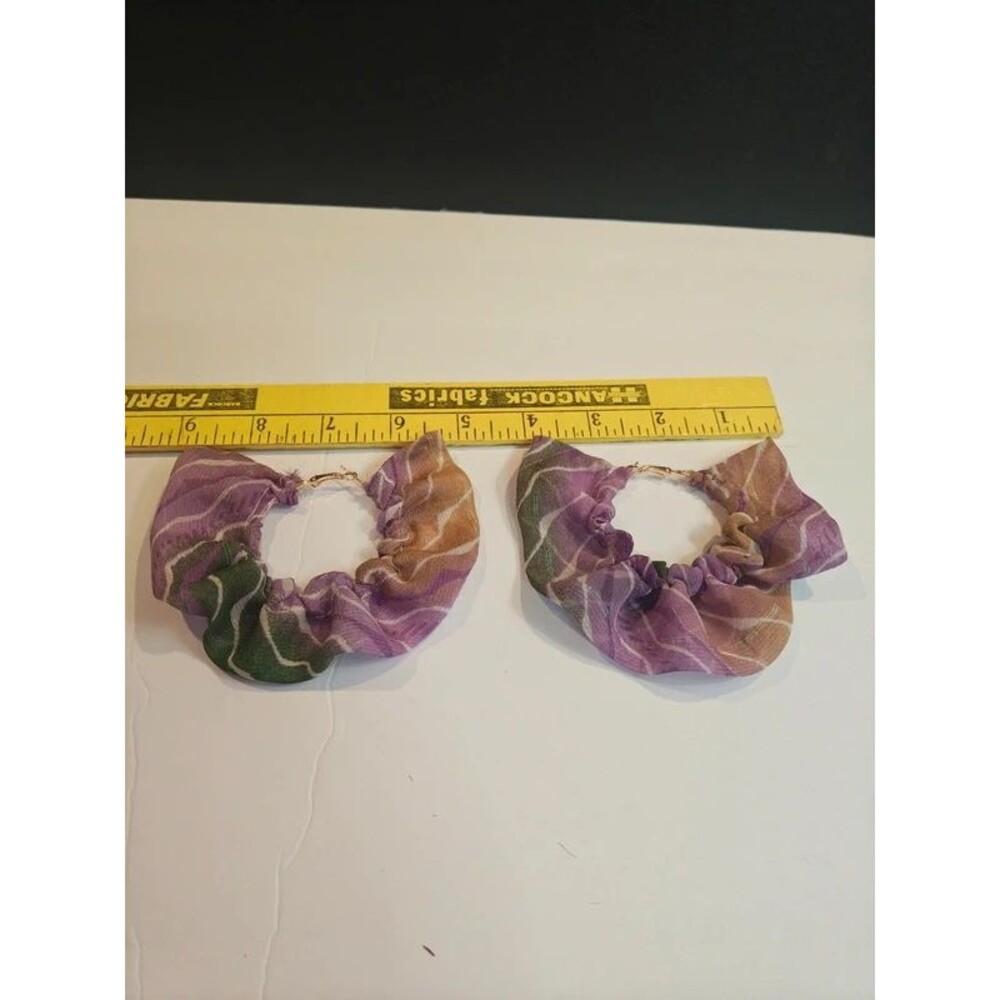 Handmade Purple & Green Chindi Fabric Hoop Earrings | Ruffle Statement Dangles
